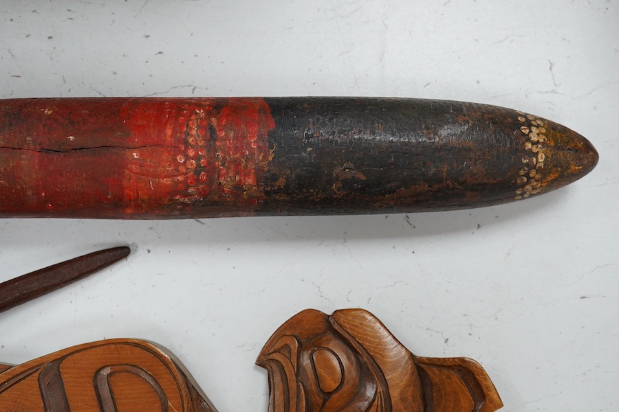 A group of tribal carvings including Maori and Aboriginal, longest 115 cm. Condition - good